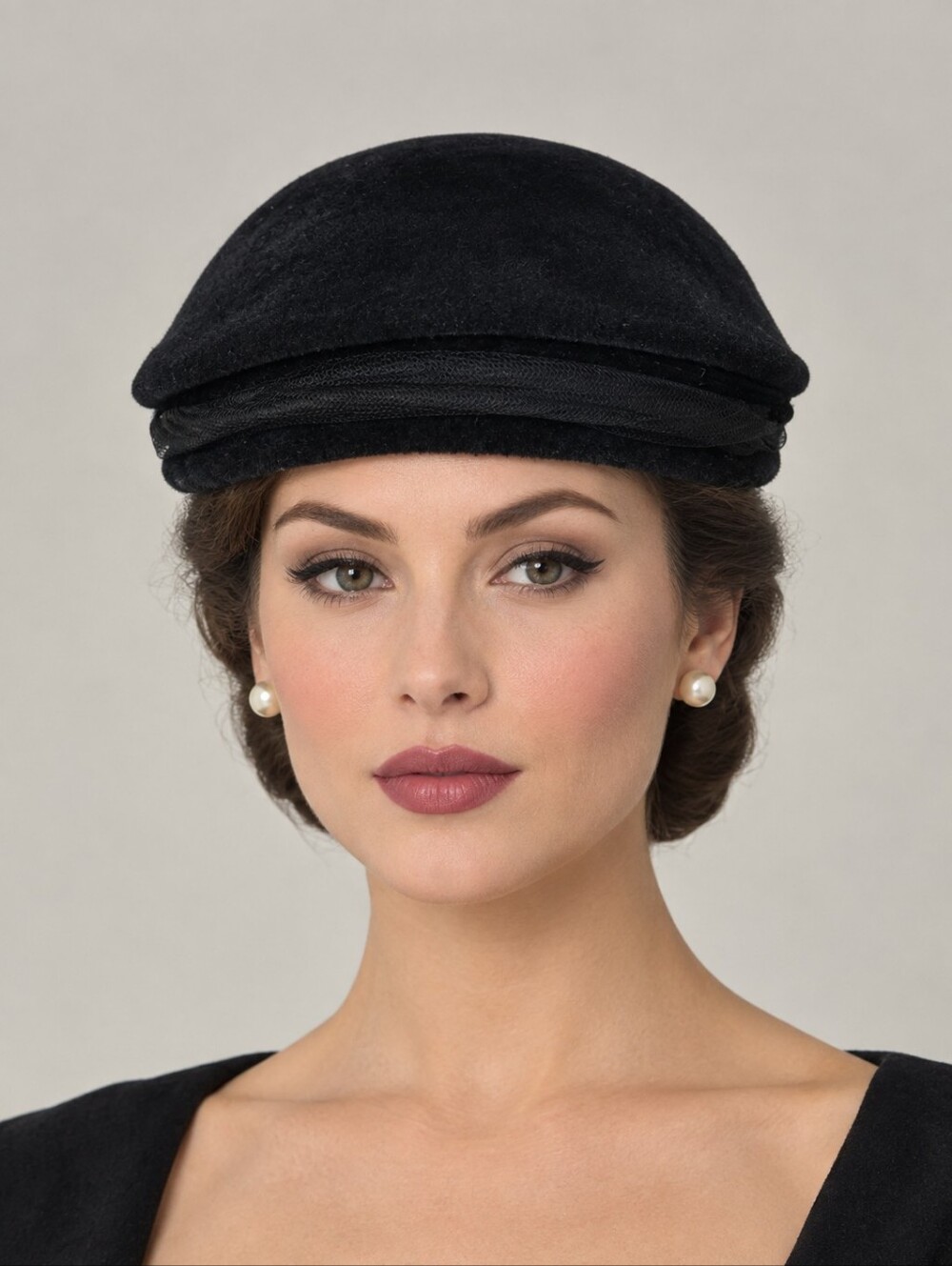 Vintage Vordana Mid Century Black Velvet Cocktail Hat W/ Side Bow Italy 50s 60s